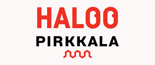 Haloo Pirkkalan tunnus, jossa punaisen Haloo-sanan o-kirjaimiin on tehty silmät. Haloo-sanan alla on Pirkkalan kunnan tunnus eli musta Pirkkala-teksti, jonka alla on punainen turkiskororeunatunnus.