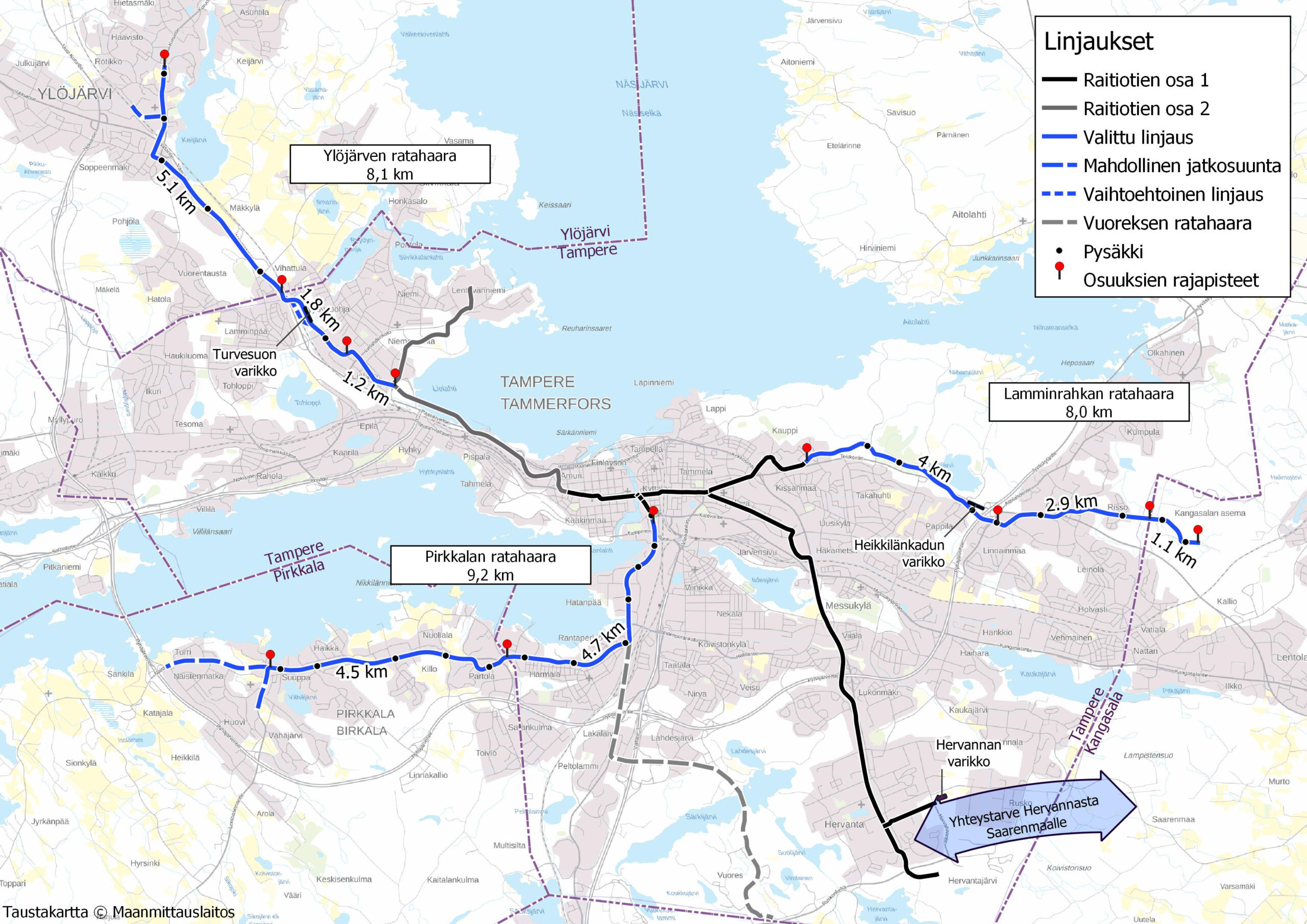 Kartta seuturatikan valituista reiteistä Tampereen seudulla.