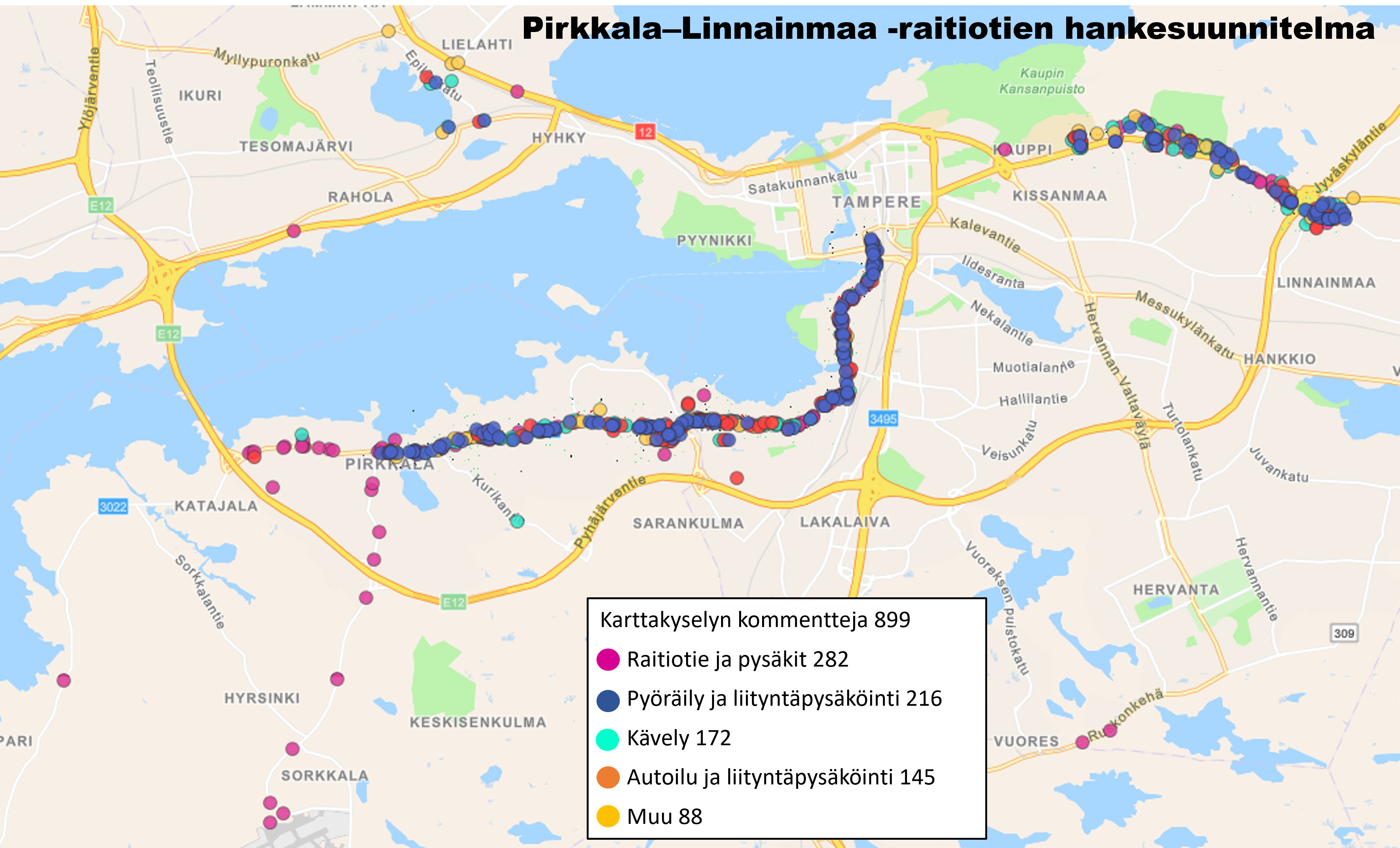 Karttakuva raitiotien katusuunnitelmasta välillä Pirkkala - Linnainmaa.